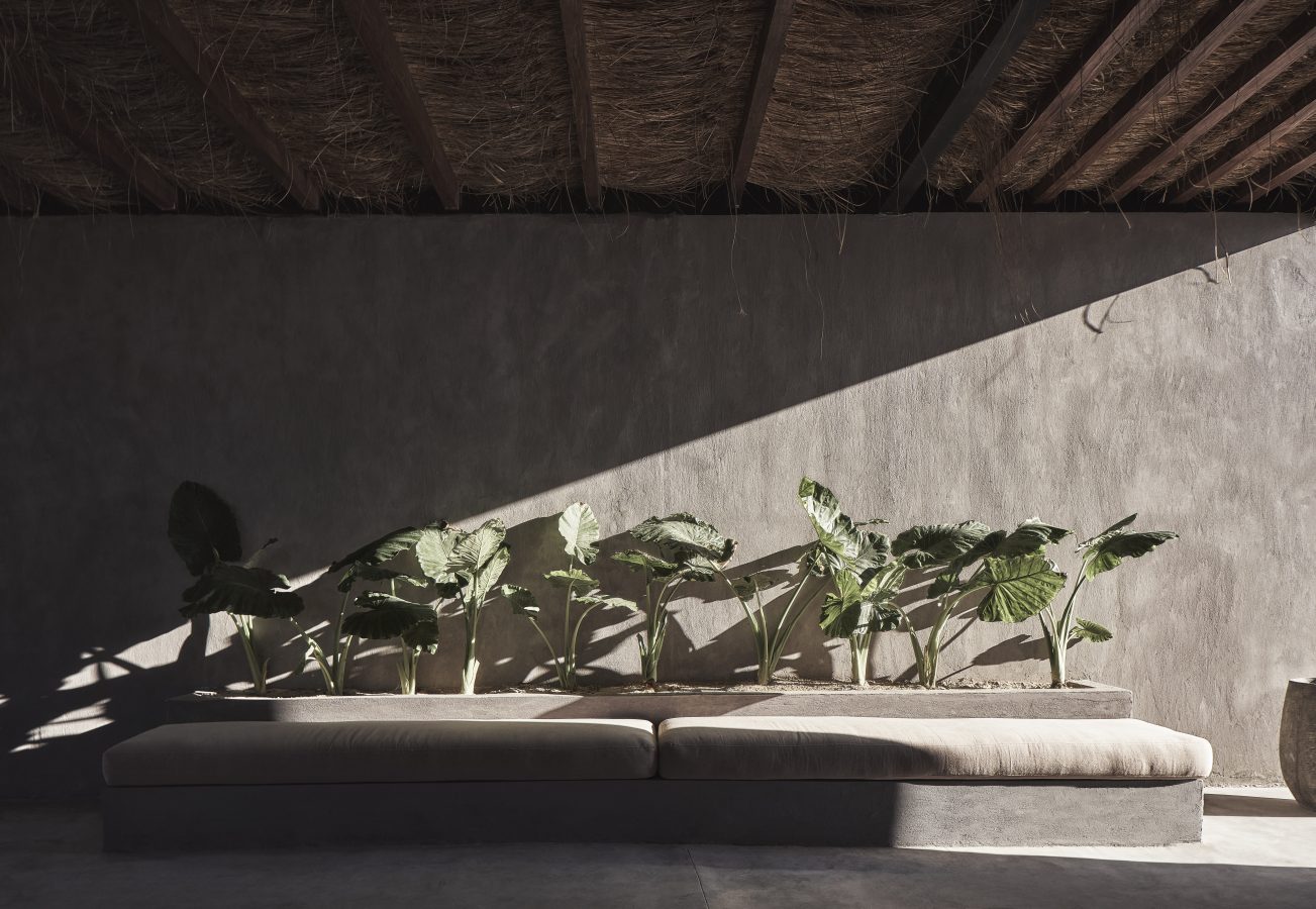 A grey bench with soft textured pillow on, with green plants behind and an overhead shelter made of straw.