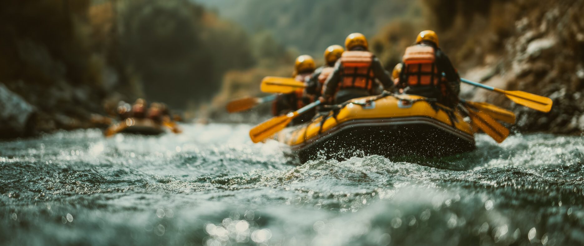 People navigating whitewater rapids in inflatable raft on river
