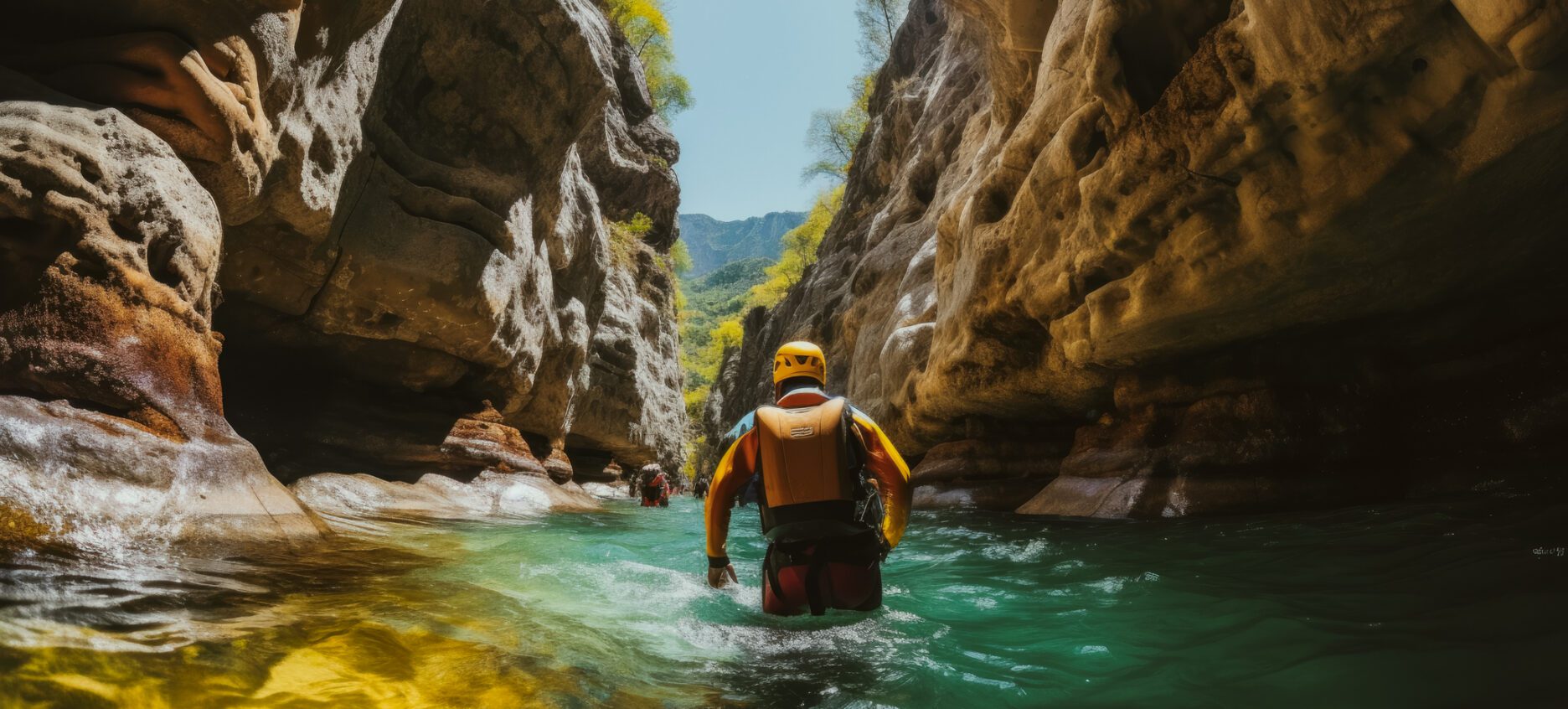 Low angle of a person dressed for canyoning walking through water between two tall rock faces