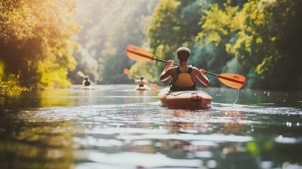 A man in a yellow life jacket paddles a kayak down a river. The scene is peaceful and serene, with the man enjoying the beauty of nature as he navigates the water